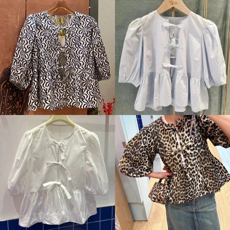 Shirt For Women 2024 New Spring Summer Cotton Printed or Solid Color Loose Sweet Short Sleeve Blouse