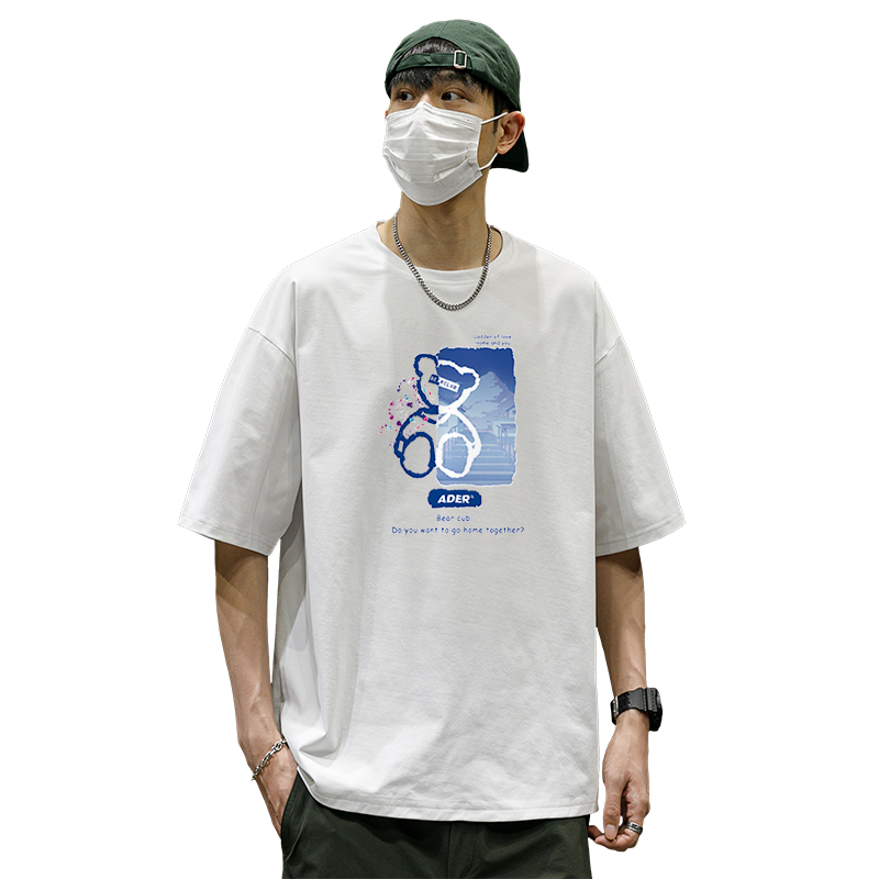 Camiseta masculina de manga curta estampada na rua alta, blusa casual solta com gola redonda, roupas da moda, novo, 2024