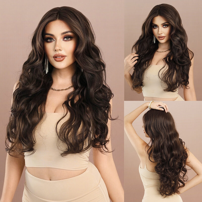 Hot Style 13X4.2 inch T-Part Lace Wigs For Women's Synthetic Black Brown Daily Party Long Curly Hair Glueless Wig Ready To Wear.