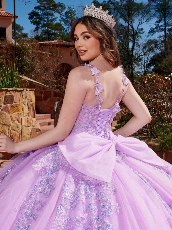Vestidos Quincearrra Prom, Apliques de borboleta 3D roxos, Correias de espaguete, Lantejoulas Princess Long Glitter, Sweet 16 Dress