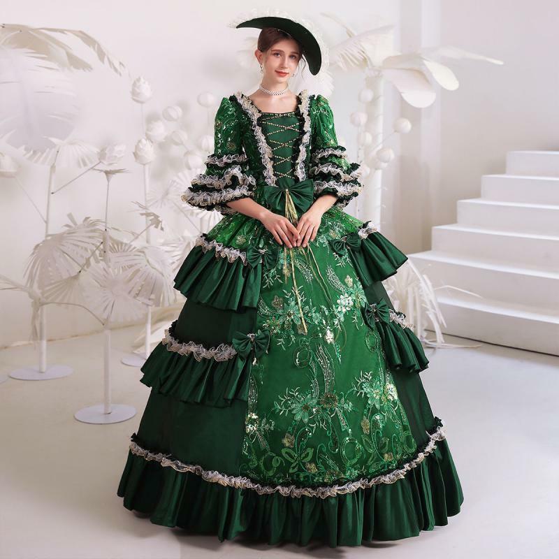 Vintage Palace Princess Dress, Requintado Traje, Vestuário de Fotografia, Performance de Palco, Verde, Estilo Europeu, Drama, Novo