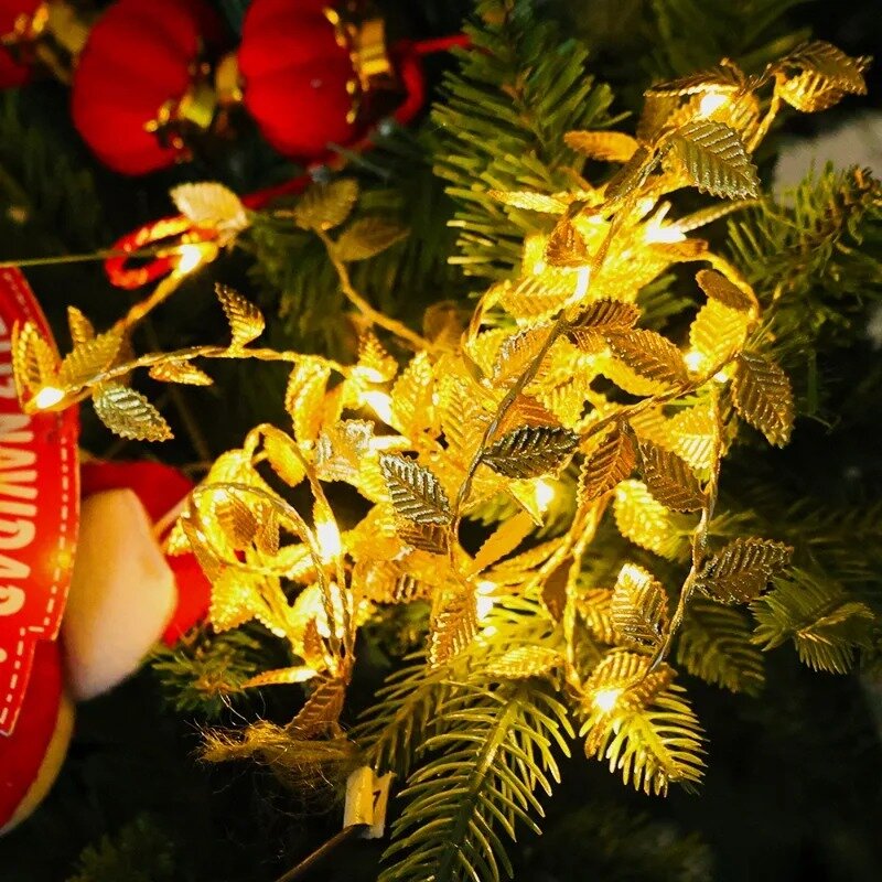 Cadena de luces de ratán de hojas artificiales, caja de luces de hadas doradas, alimentada por batería, decoración de Navidad, Fiesta en casa, Año Nuevo, 1/3 piezas