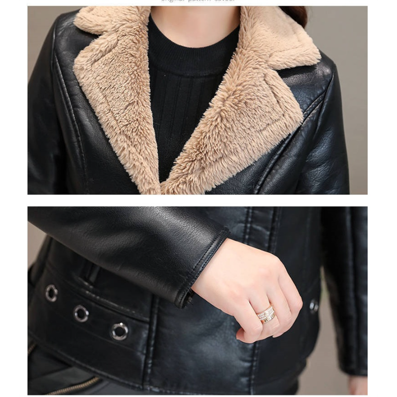 2023 New Winter PU Leather Jacket Women Short Blazers Coat Fleece Double-faced Fur Leather Outerwear Lady Slim Suit Tops Jackets