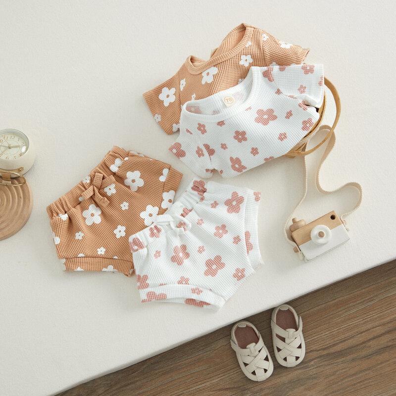 VISgogo 2Pcs Baby Girl Clothes Summer Outfits Short Sleeve Waffle Knit Floral Print T-shirt Drawstring Shorts 0-18Months Set