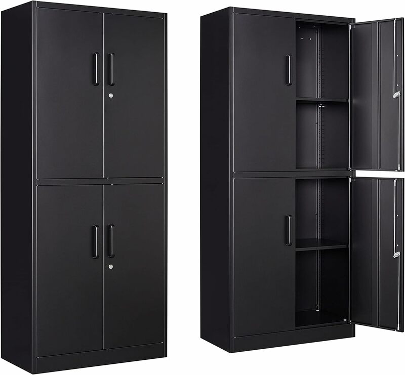 Gabinete de Metal con cierre de almacenamiento con 4 puertas y 2 estantes ajustables, Gabinete de acero alto para garaje, almacenamiento comercial (negro)