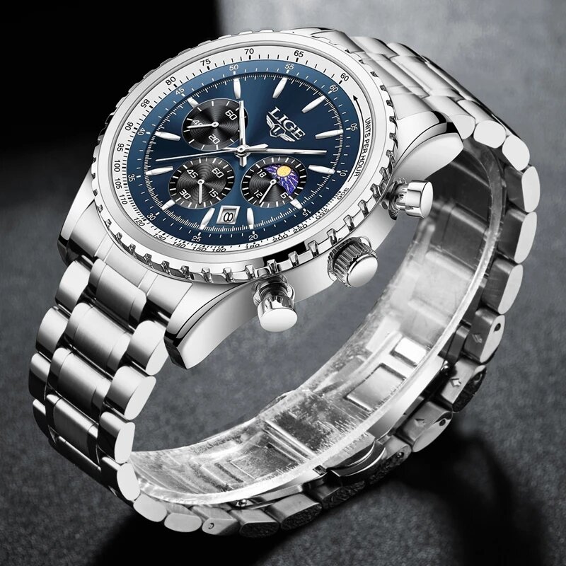 LIGE 탑 브랜드 남성용 럭셔리 남자 손목 시계, 풀 스틸 쿼츠 시계, 스포츠 방수 남성 시계, 큰 Relogio