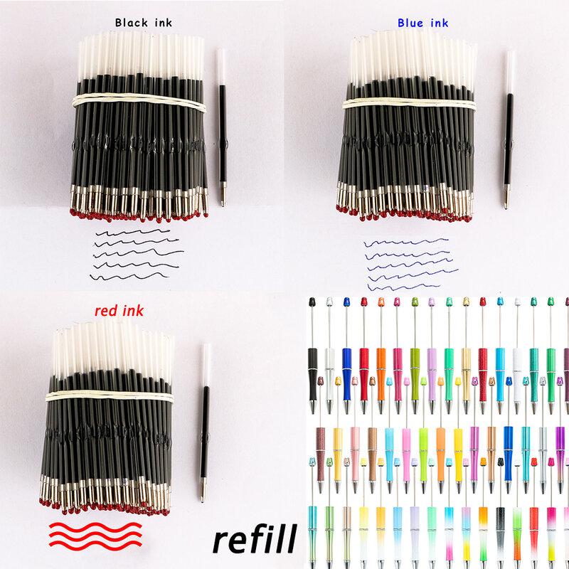 200-1000pcs Beaded Ballpoint Pen Ink Refills Bead Pen Refill Black/Blue Ink Plastic Beadable Writing Pen School Office Supplies