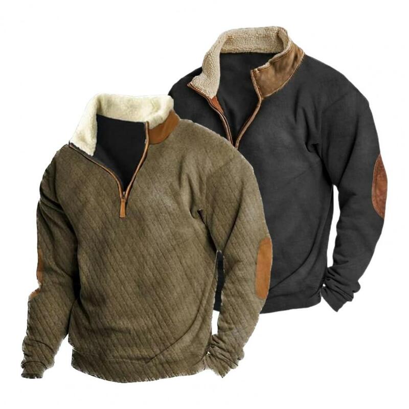 Sweter Pria Atasan sehari-hari, kaus pria Retro mewah, ritsleting, dengan warna yang cocok, kerah berdiri, lembut, nyaman, panjang sedang untuk musim gugur