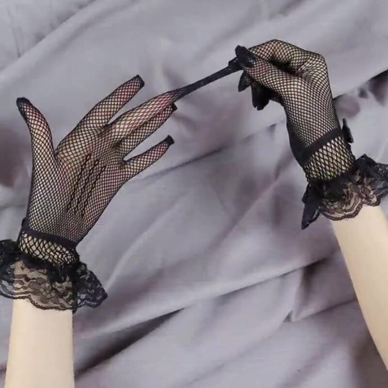 Damskie rękawiczki kabaretki plisowanym mankietem, siateczką na ryby, krótkimi koronkowymi eleganckimi rękawiczkami