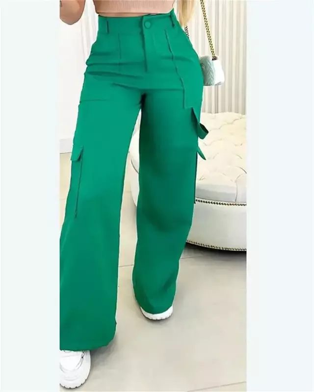 Celana kargo pinggang tinggi untuk wanita, pakaian wanita elegan, baru, musim panas 2023 lebar, desain saku kaki lebar warna hijau