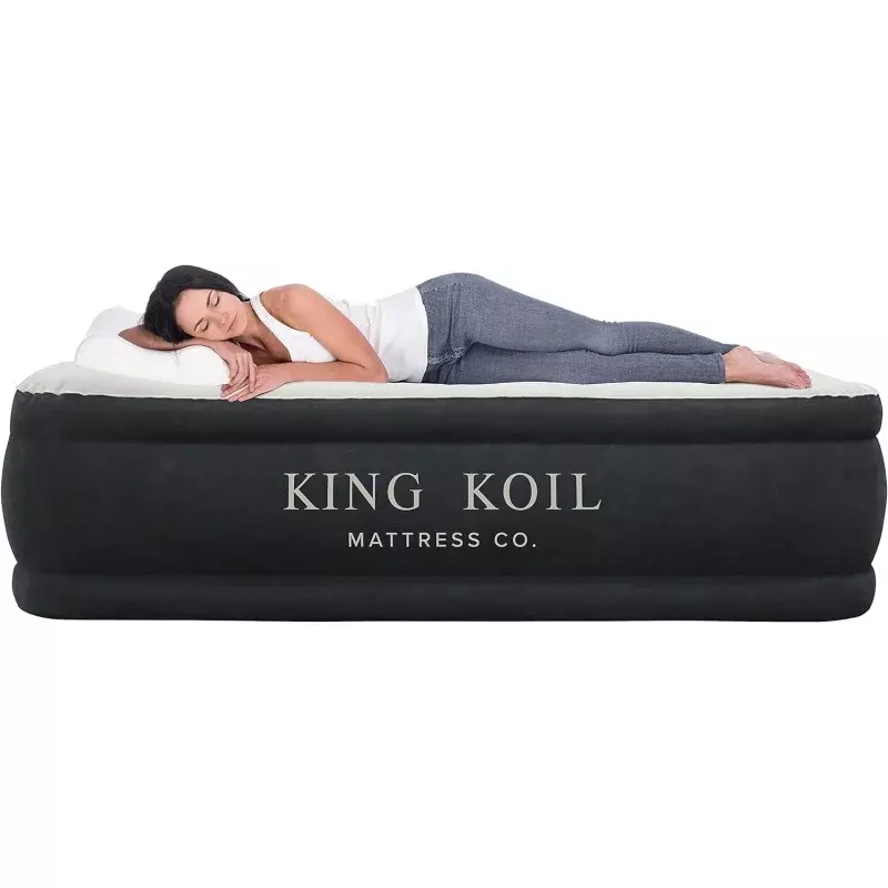 King coil pillow top plush Queen air mattress with built-in high-speed pump best for home, camping, guests, 20 "Queen size Luxur