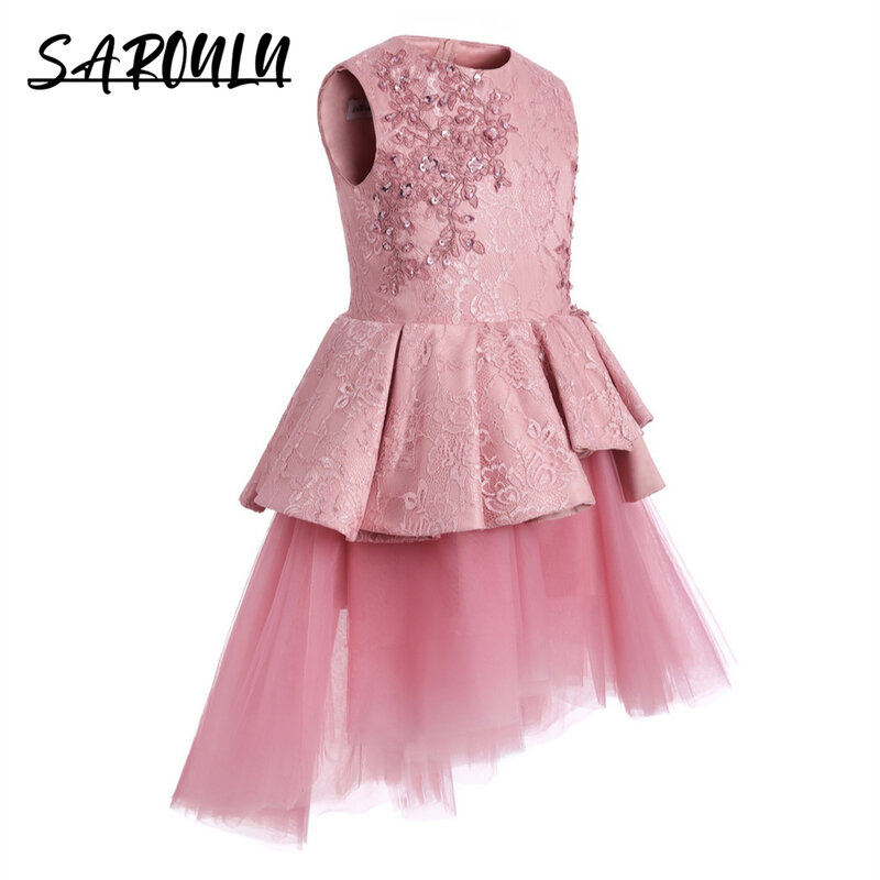 Lovely Pink Tiered Girls Formal Dress Lace Appliques Tulle Short Prom Dress For Child O Neck Sleeveless Wedding Flower Girl Gown