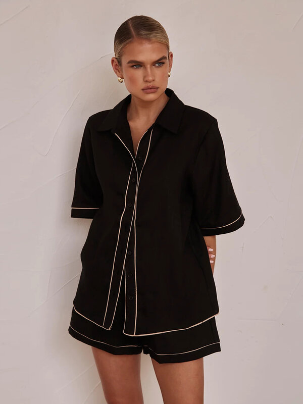 Marthaqiqi Casual Ladies Sleepwear Suit colletto rovesciato camicie da notte mezza manica Nightwear Shorts cotone nero pigiama femminile Set
