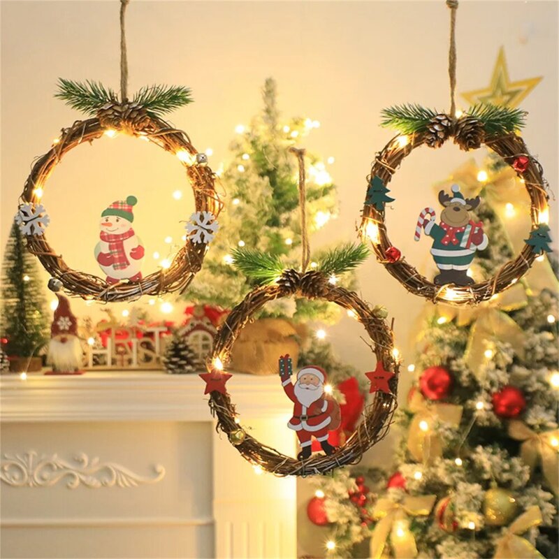 Coronas de decoración navideña con adorno de Papá Noel y muñeco de nieve, corona Artificial alimentada por batería para puerta Delantera y exterior, 1 piezas