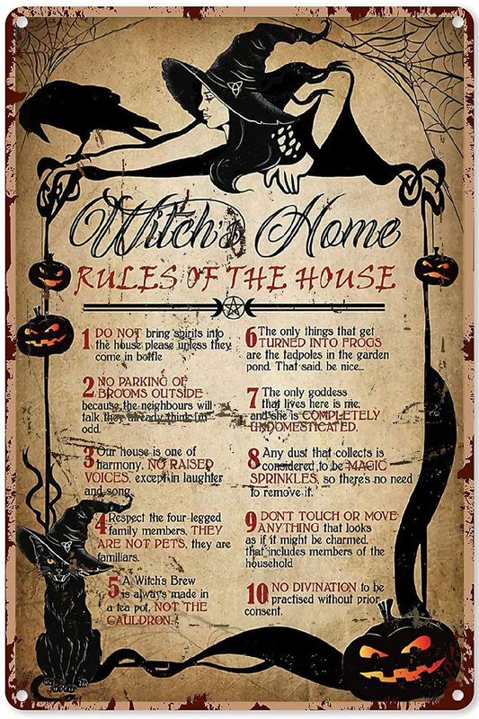 Heks Decoraties Voor Slaapkamer Kat Witch's Thuis Regels Van Het Huis Poster, Metalen Tin Teken 8X12 Inch