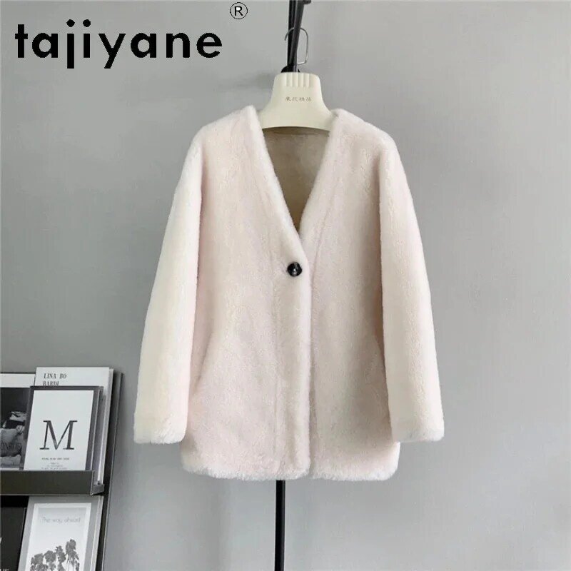 Женское шерстяное пальто Tajiyane, Элегантная куртка с V-образным вырезом и овчиной, Осень-Зима 100%