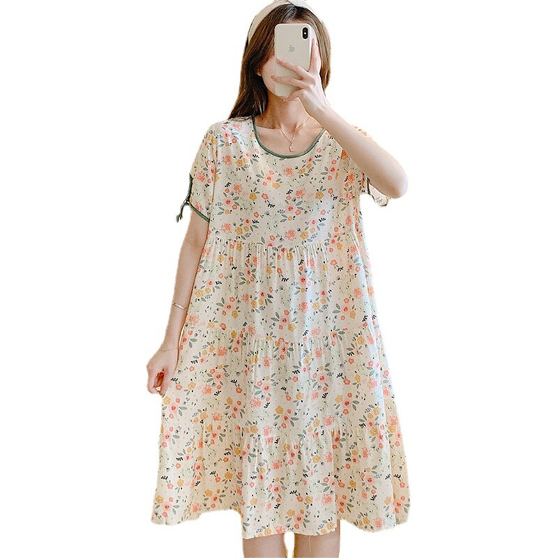Thin Loose Short Sleeve Nightdress Floral Printing Nightgown Girls' Large Size Breathable Viscose Sleepwear Women Sweet Homewear