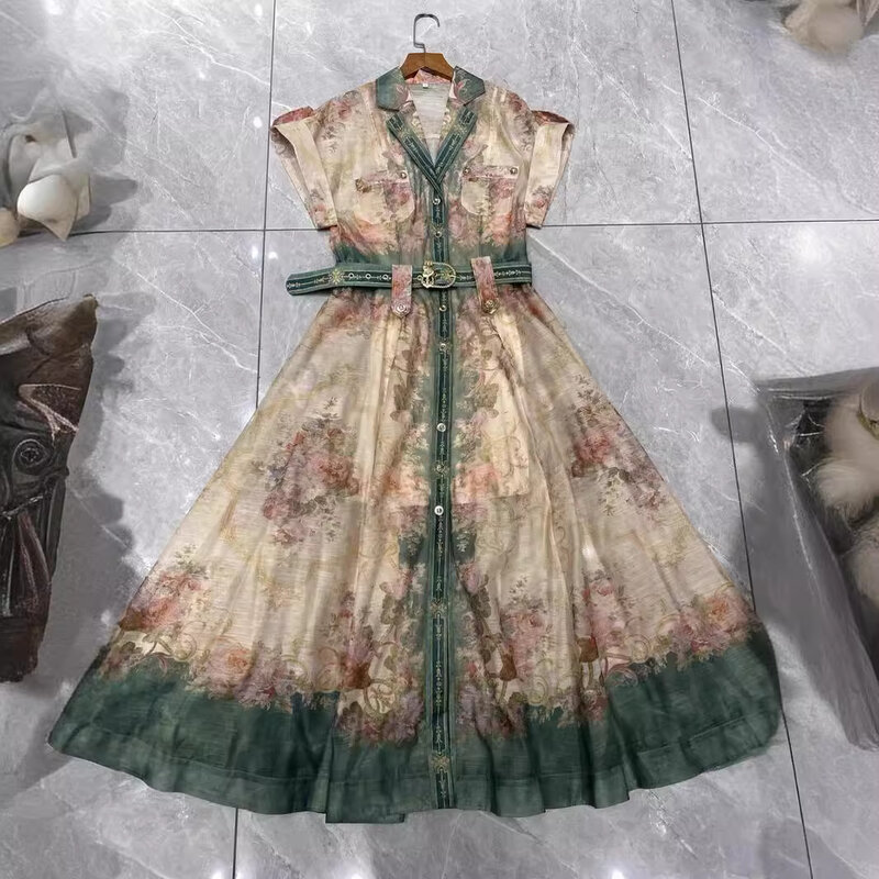 Австралийская нишевая ретро-печать элегантное и социалистское темпераментное однобортное платье с поясом средней длины платье для женщин