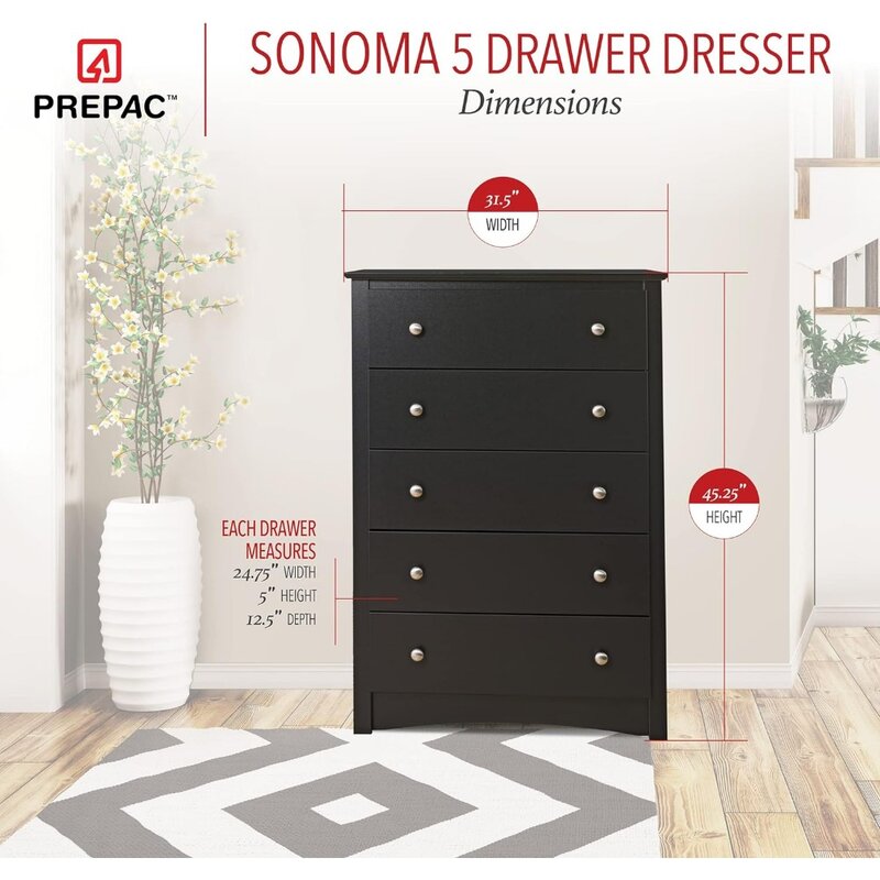 Prepac Sonoma Superior 5-Drawer Chest for Bedroom - Spacious and Stylish Chest of Drawers, Measuring 16"D x 31.5"W x 45.25"H, In