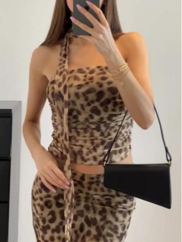 Leopard Print Strapless Long Skirt Set Women Pleated Ribbons Sleeveless Backless Tops Hip Package Skirts Suit 2024 Summer New In
