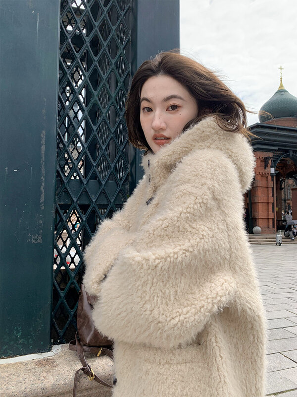 Lamb Wool Coat Female Autumn and Winter Loose Fur Integrated Hooded Horn Button Furry Top