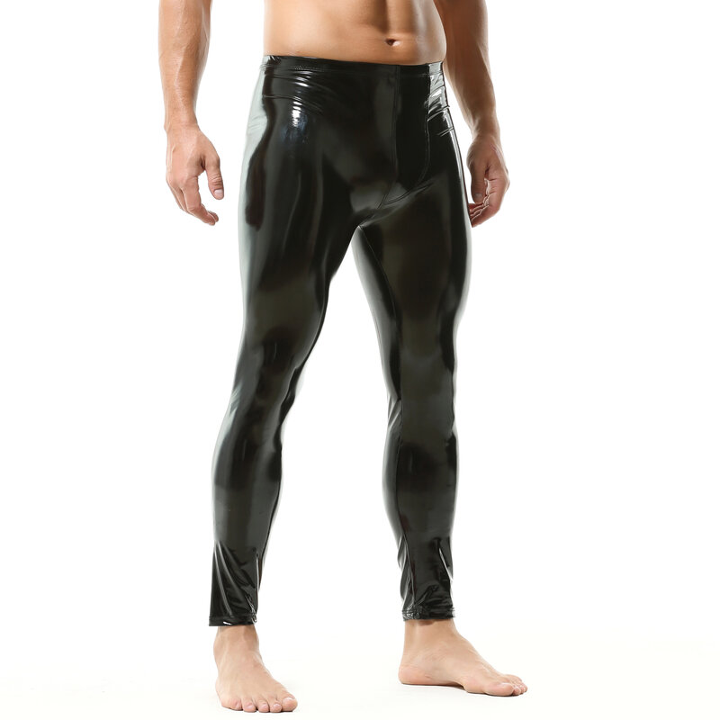 Nowe męskie legginsy z opatentowaną spodnie skórzane z PVC, czarne, dopasowane do klubu nocnego kostium taneczny spodnie imprezowe spodnie motocyklowe