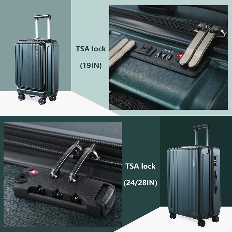 ชุดกระเป๋าเดินทาง2ชิ้นด้านหน้ากระเป๋าแล็ปท็อป20/24และ ABS + ล้อสปินเนอร์เปลือกแข็งน้ำหนักเบา TSA ล็อค YKK ซิปสีเขียว