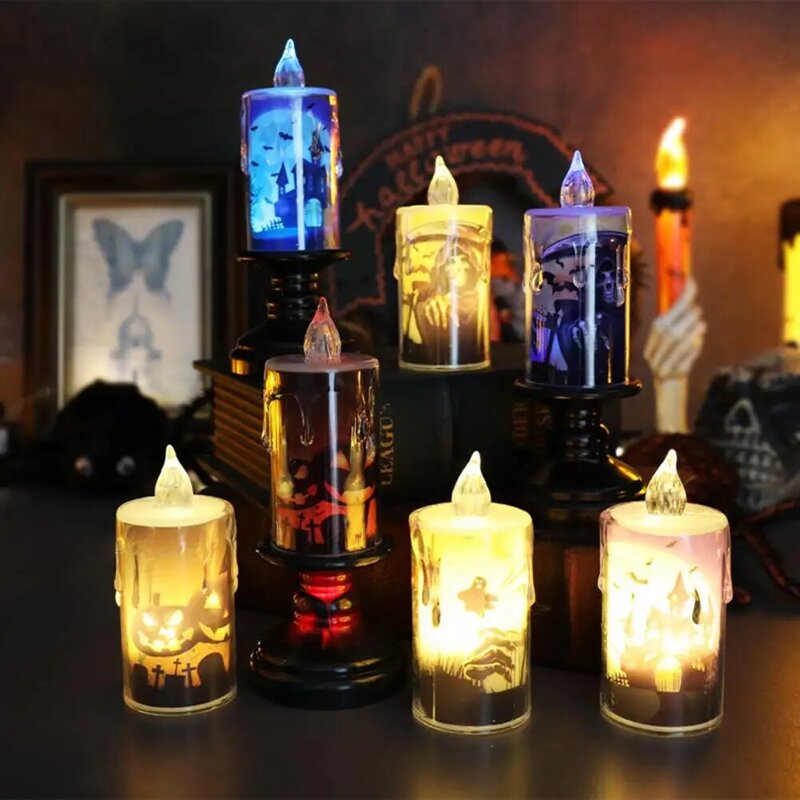 Luz de vela fantasma para Halloween, calaveras escalofriantes, calabazas, fantasmas, funciona con pilas, lámparas de vela Led para el hogar de Halloween