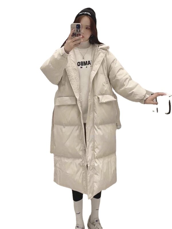 Jaket Down musim gugur dan musim dingin, mantel kasual longgar tebal bergaya Korea bebek warna putih panjang setengah