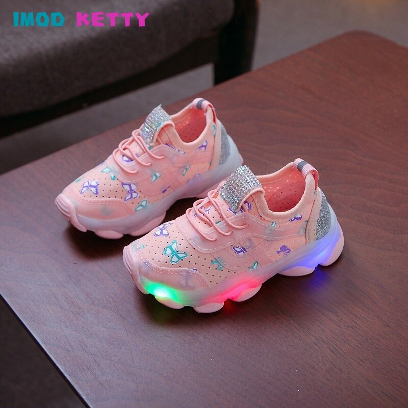 Kids Luminous Shoes 2023 Spring Autumn New Fashion Children's LED Sneakers For Girls Toddler Casual Diamond Princess Sneakers