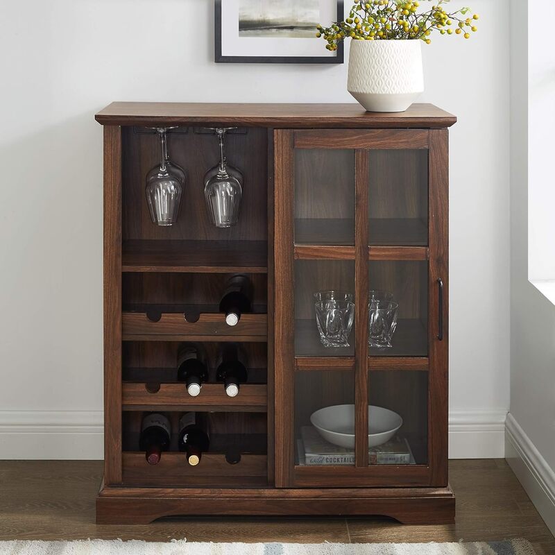 Wood Sliding Glass Door Bar Cabinet Entryway Serving Wine Storage Dining Room Console, 36 Inch, Dark Walnut