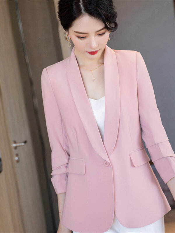 Lange Mouw Dames Werkkleding Office Uniform Styles Ol Mode Roze Blazer Vrouwen Jas