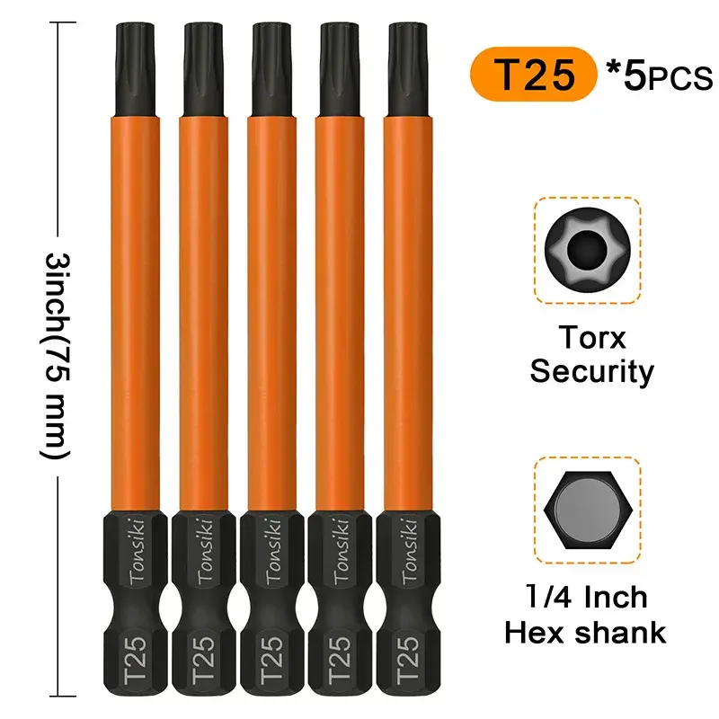Torx Chave de fenda Bits, Hex Shank, Magnetic Torx Bit Set, Brocas de cabeça, T20, T25, 1, 4 ", 75mm, 5Pcs