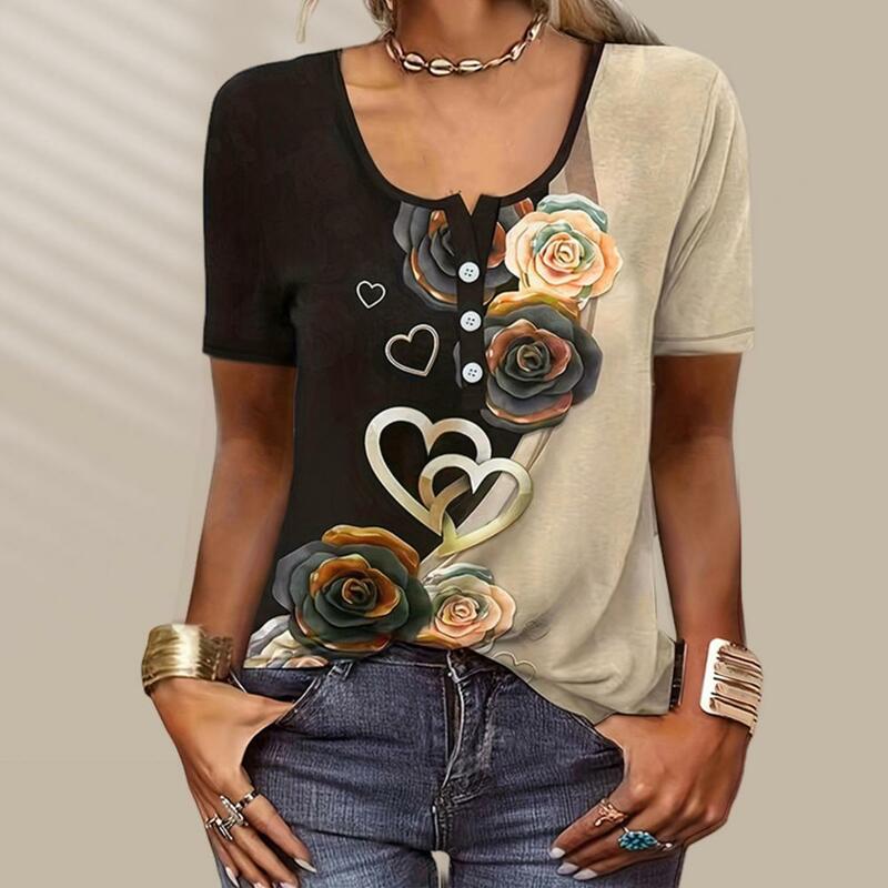 Женская футболка с цветочным принтом, этнический стиль, с круглым вырезом и коротким рукавом