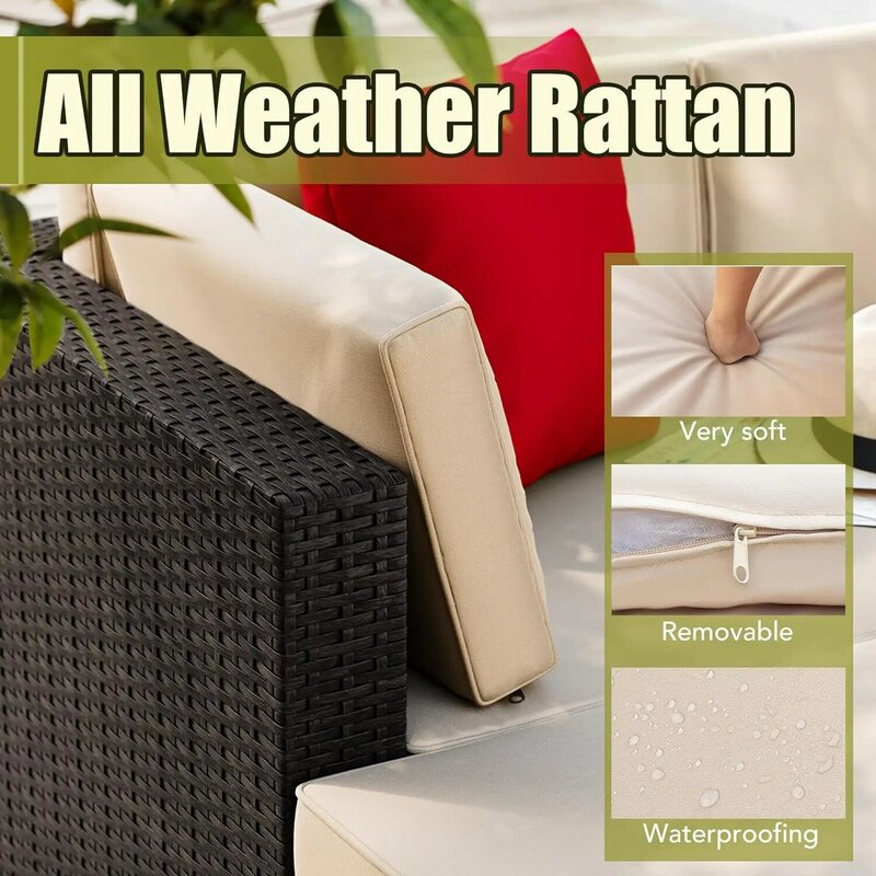 Wicker Rattan Outdoor Furniture, Patio Conversation Set, Sofá com Almofadas, Travesseiros e Mesa de Vidro para Varanda Gramado e Quintal