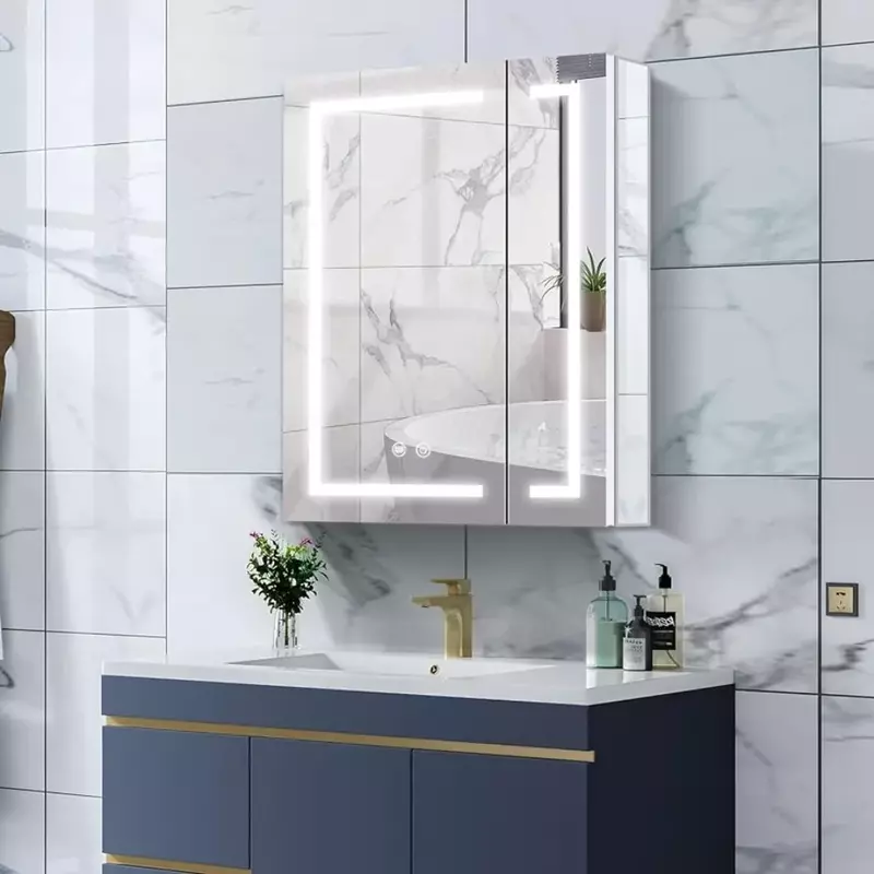 Зеркальные шкафы для туалетного шкафа, 24 × 28 дюймов, алюминиевая конструкция, органайзер для хранения косметики, оснащен внутренней планкой