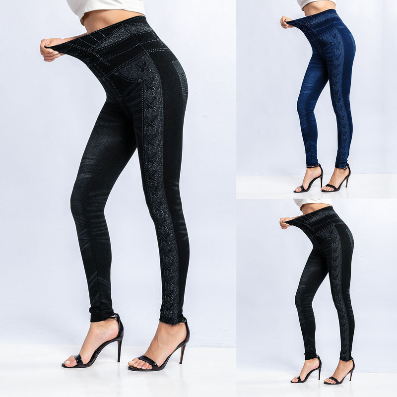 Damskie legginsy elastyczne dżinsy zimowe nadruk w paski termiczne imitacja dżinsów spodnie dresowe pantalony Fitness