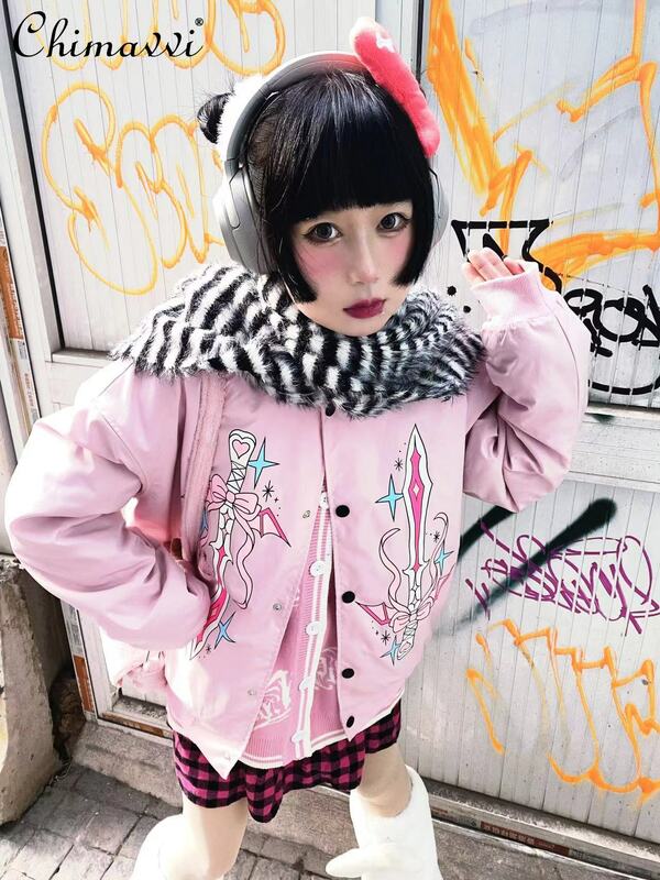 여성용 두꺼운 하라주쿠 스타일 루즈핏 짧은 코트, 니치 스위트 쿨 일본 후드 재킷, 가을 및 겨울