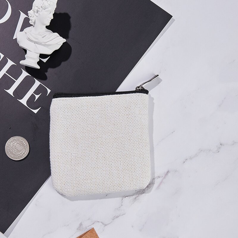 Bolsa de monedas de lino con cremallera, sublimación térmica en blanco, transferencia de calor, patrón personalizado, bolsa de almacenamiento, bolsa de cosméticos pequeña, 10x10cm