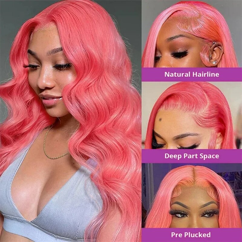 ピンクのレースキャップ付きの人間の髪の毛のかつら,女性用,巻き毛,色付き,体の波,コスプレ,ウェアと外出,13x6,密度200,30インチ