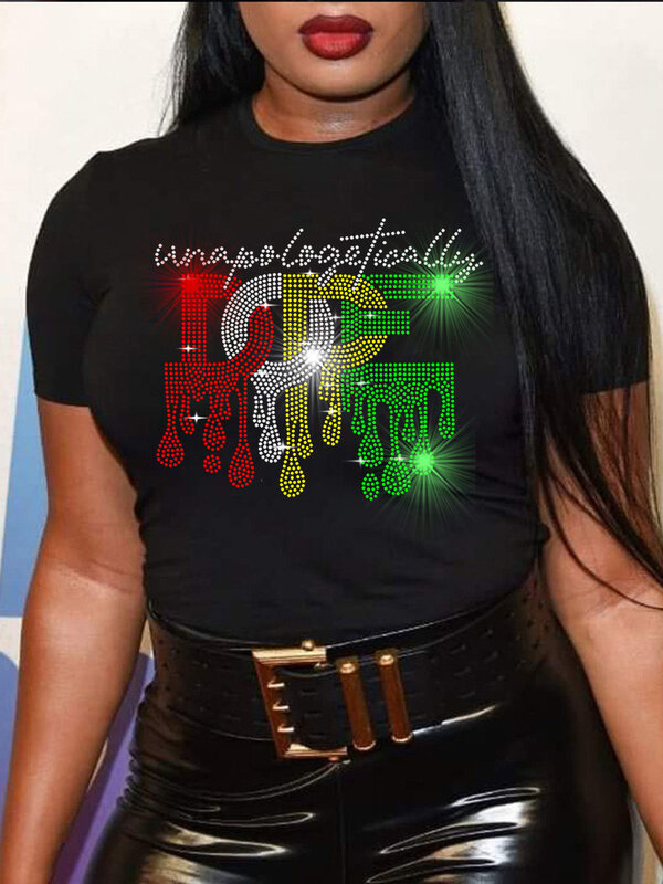 LW-Camiseta de talla grande para mujer, Camiseta con estampado geométrico degradado de letras Faith DE diamantes de imitación, manga corta, cuello redondo, ropa de moda para mujer