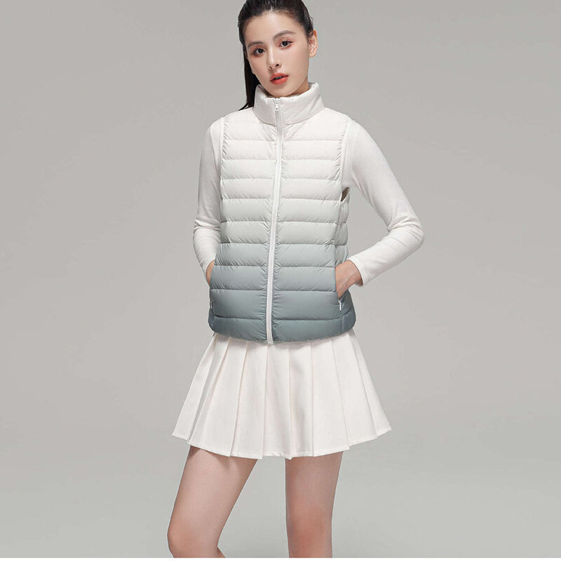 여성용 그라데이션 다운 재킷 조끼, 2023 민소매 스탠드 칼라, 따뜻한 조끼, 초경량 화이트 덕 다운 코트, 가을 겨울