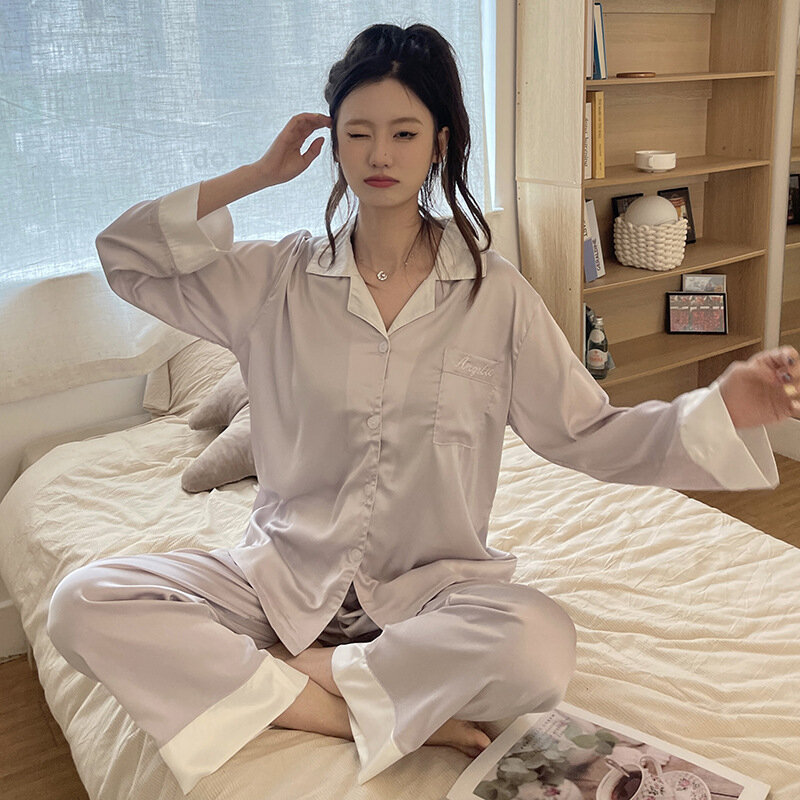 Women's 2 Piece Pajamas Sets Solid Pijama Faux Silk Satin Lapel Pyjama Female Sleepwear Long Sleeve Shirt Pants Homewear Suit