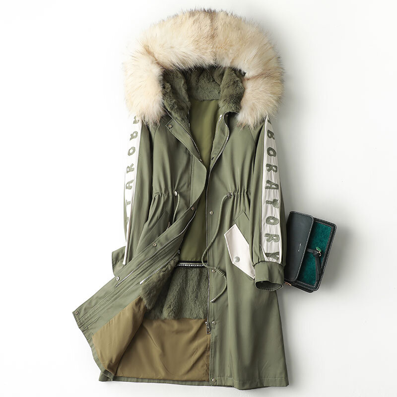 Парки, осенне-зимнее меховое пальто, женская одежда, меховая куртка с капюшоном из меха енота и подкладкой из кроличьего меха, модные меховые куртки средней длины Zm922