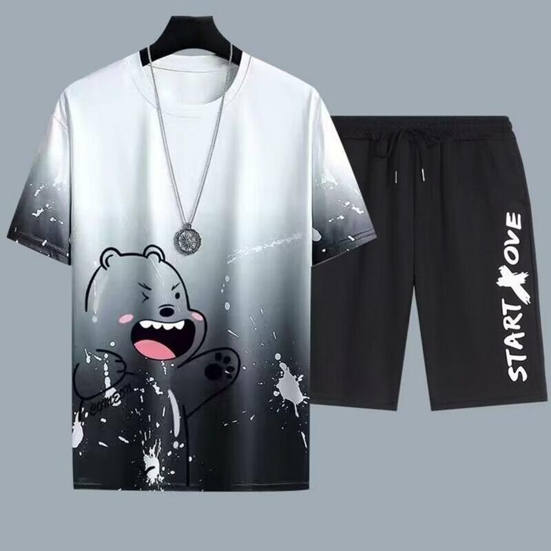 Men Sportswear Men's Summer Cartoon Print T-shirt Drawstring Waist Shorts Set Casual Outfit with Elastic Waistband for Hot