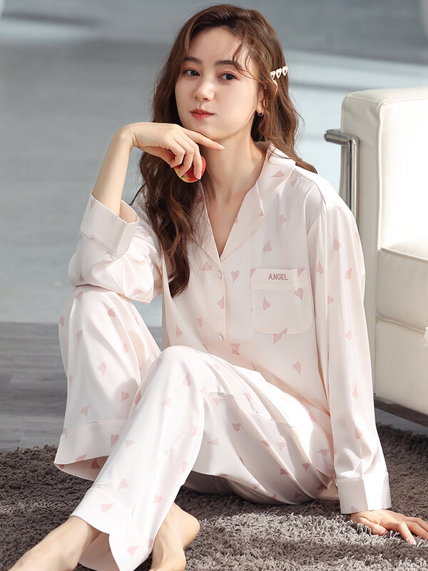 Pyjama imprimé cœur pour femmes, 2 pièces, rose doux, Long, vêtements de maison, chemise de nuit, nouvelle collection printemps 2022