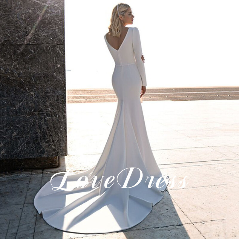 LoveDress-vestido de novia sencillo con cuello en V, traje de novia con tren desmontable, manga larga, botones, sirena moderna, espalda descubierta