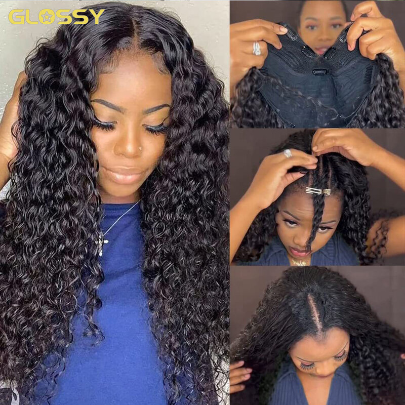 Kinky Curly Wig V Part Human Hair Wigs No Leave Out Glueless Brazilian Curly Human Hair Wigs For Women Natural Black 250 Density