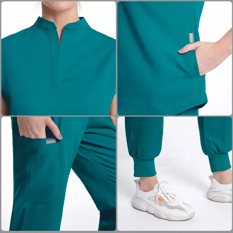 คลาสสิกสีเทาสีขาวขัดชุดพยาบาล Workwear ขัด Top กางเกงผู้หญิงร้านเสริมสวยขัดเสื้อผ้าแขนสั้นพยาบาลอุปกรณ์เสริม