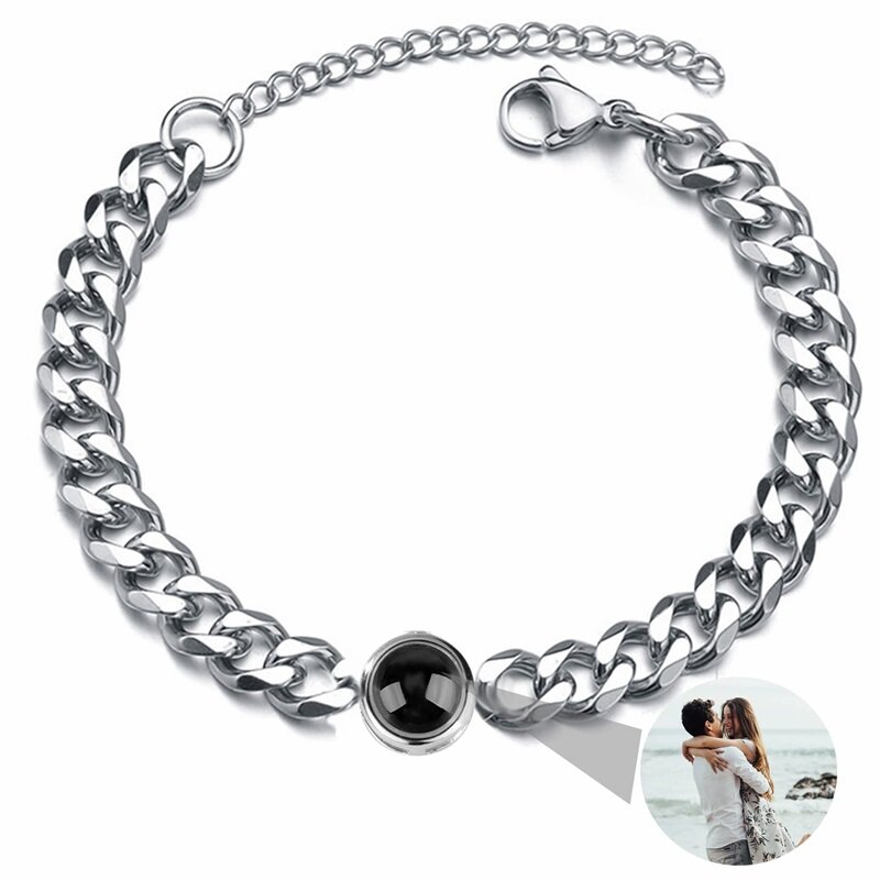 Custom Bracelet with Picture Inside Titanium Steel Cuban Link Chain Bracelet with Personalized Photo Projection for Men Women